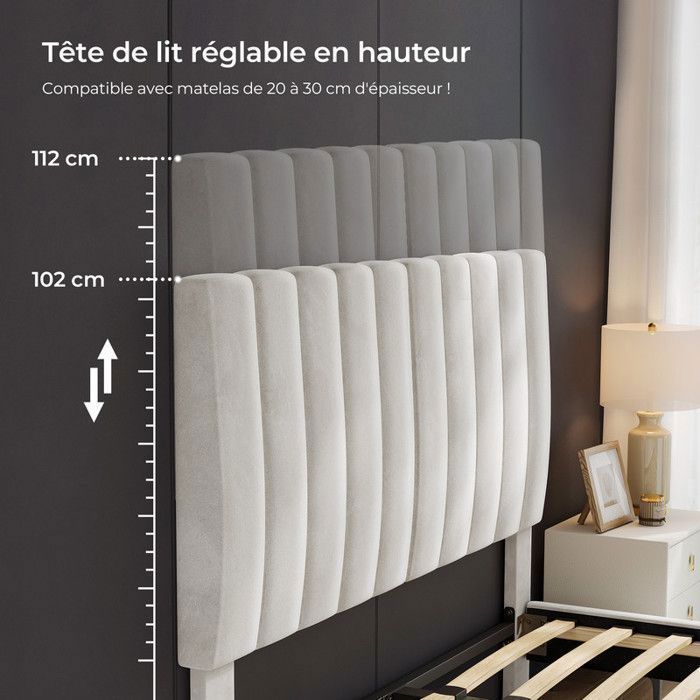 Cama HavenlyHome de 160x200 cm, tapizada en terciopelo con cabecero y somier de láminas, para dos personas, color beige.