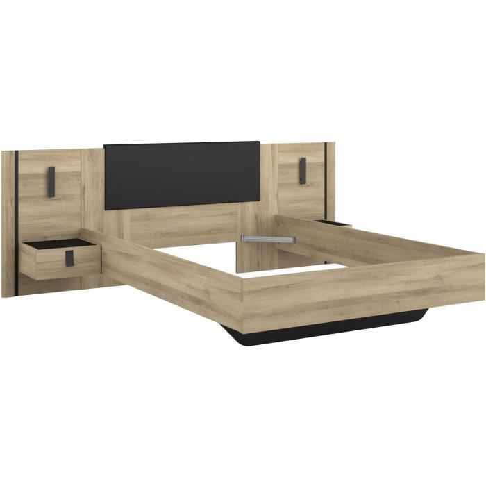 Lit double adulte avec 2 chevets - KIERAN - 140 x 190/200 cm - Chêne/Noir - PARISOT