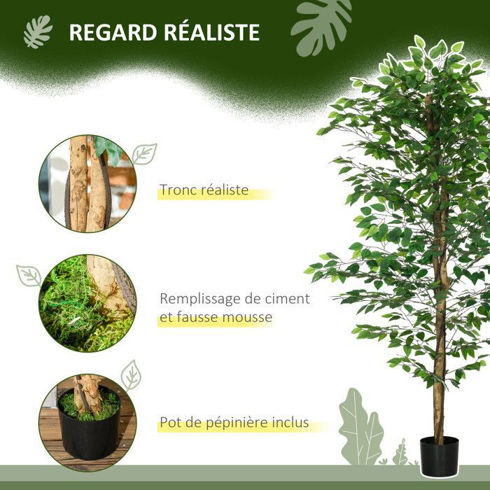 Conjunto de 2 plantas artificiales - ficus, 1,80 m de altura - tronco, ramas, enredaderas, líquenes y hojas realistas, maceta incluida, verde
