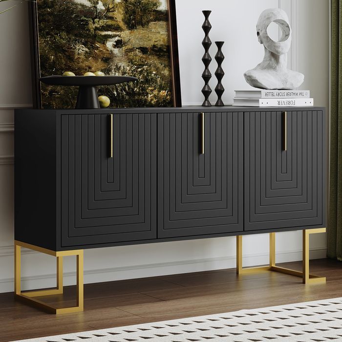Aparador moderno con estantes ajustables - 3 puertas en forma de U - tiradores y base metálicos - Negro