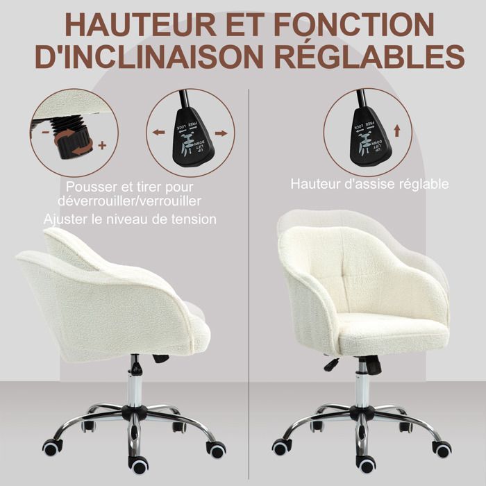 Silla de oficina - HOMCOM - altura regulable, asiento y respaldo acolchados, giro de 360° - Peluche de osito de peluche - 56 x 61 x 86 cm - color crema