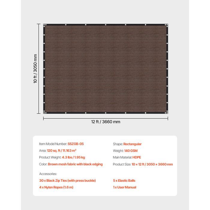 Vela de sombra 90% - VEVOR - 3050 x 3660 mm - Malla de sombra con ojales de acero inoxidable - Protección solar