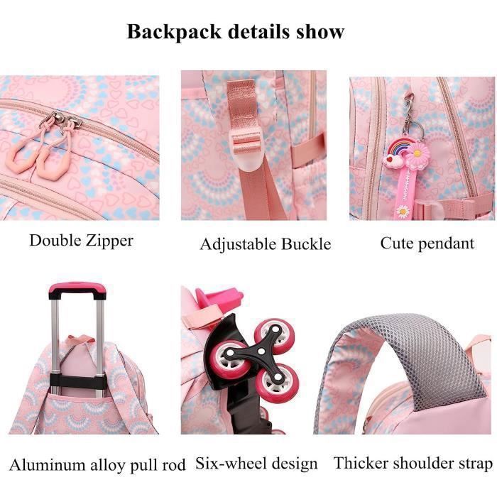 Mochila con ruedas para niñas de primaria - Rosa - Con lonchera y estuche para lápices - 6 ruedas para escaleras Rosa PZCC