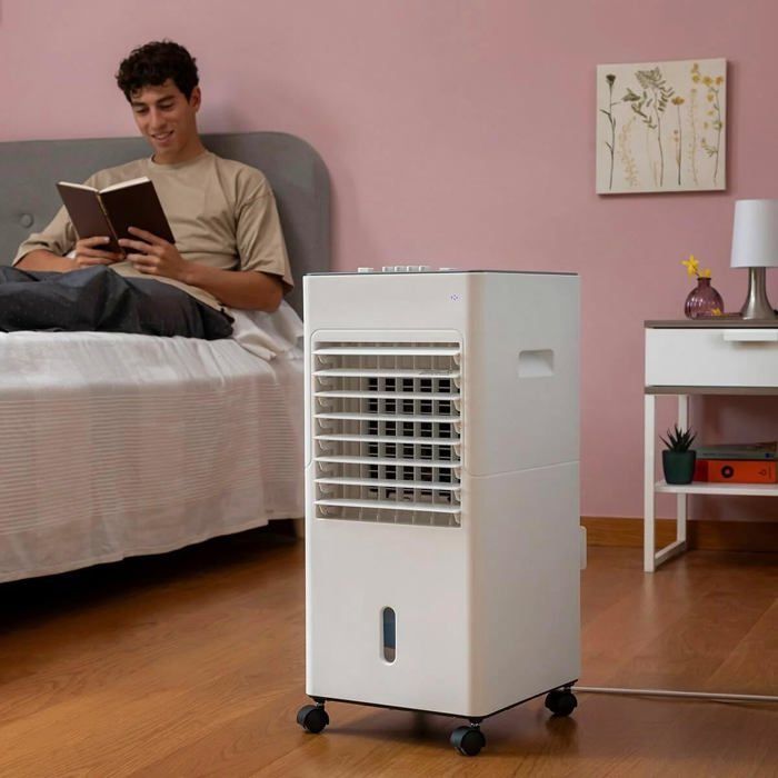 MODEZVOUS - Aire acondicionado evaporativo portátil, purificador de aire, ionizador sin aspas con luz LED de 90 W - Blanco
