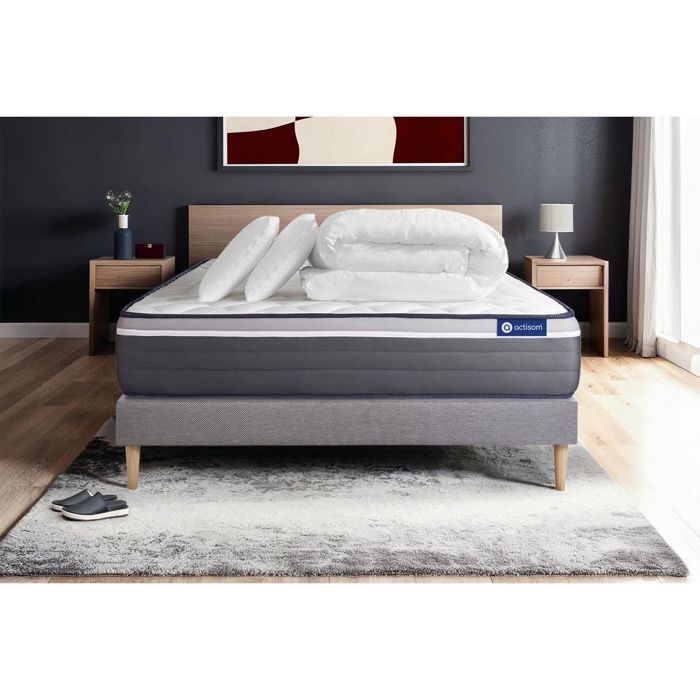 Pack lit complet 160x200 cm - Matelas + Sommier Gris (en kit) + 2 oreillers + Couette - Actilatex Pl