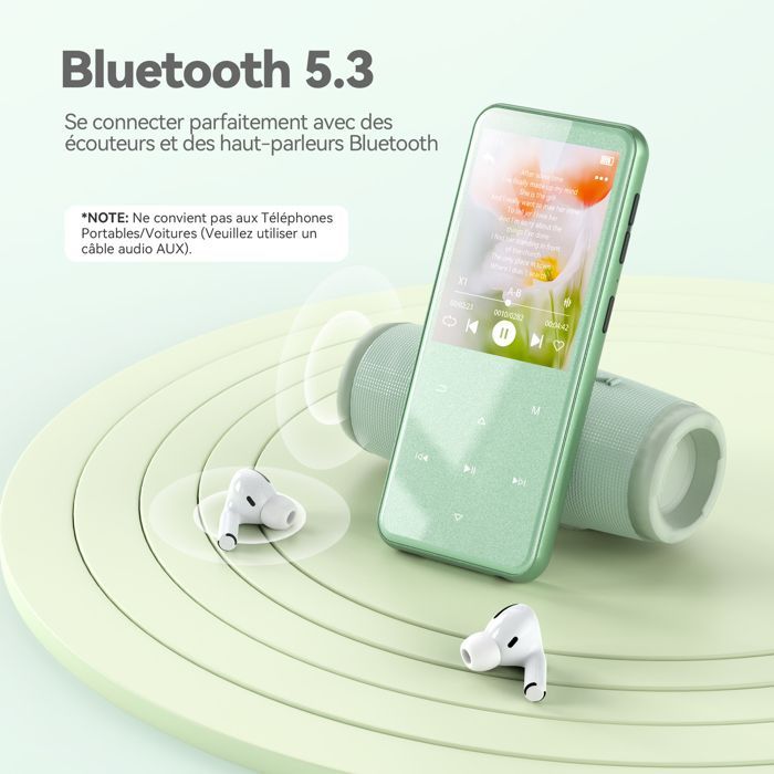 AGPTEK 64Go MP3 Bluetooth 5.3, 2.4‘’ Grand Écran, Haut-Parleur Lecteur Musical HiFi avec Bouton Tactile/Radio FM/Enregistreur, Vert