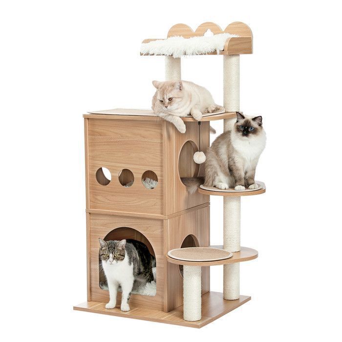 Albero tiragraffi in legno PAWZ Road Deluxe, design moderno, con palo per tirare, ampia piattaforma e grande casetta per gatti da 120 cm, colore beige.