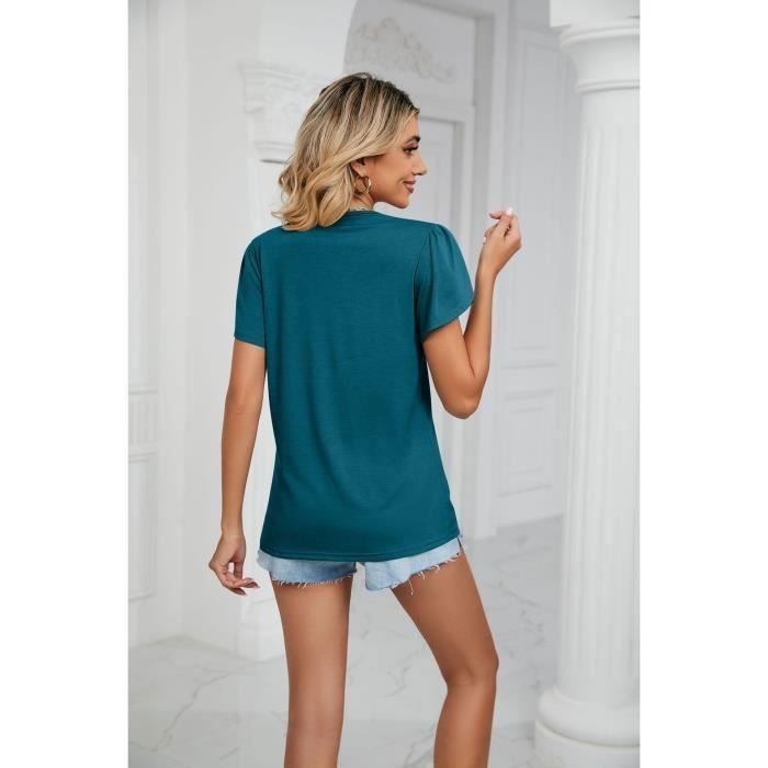 T-shirt da donna a maniche corte con scollo a V e inserti in pizzo - INSFITY - Blu Verde