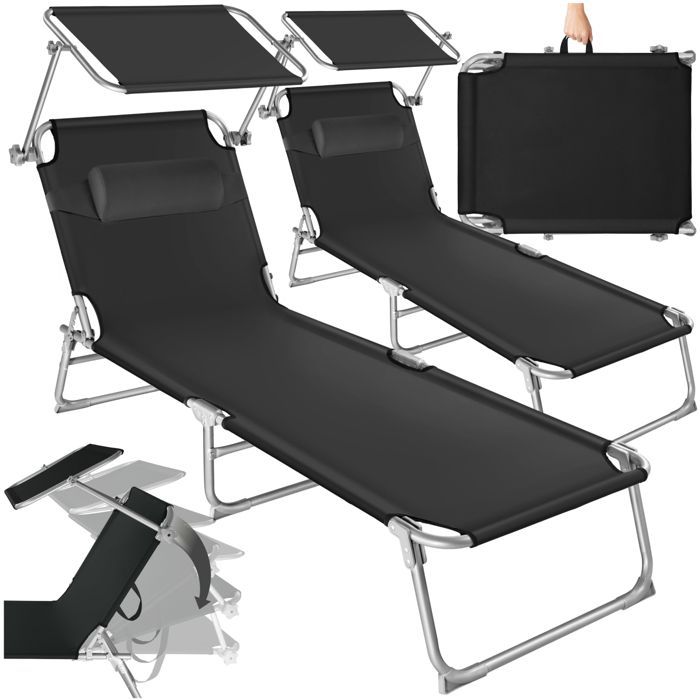 Bains de soleil - TECTAKE - Lot de 2 chaises longues transats CHLOE pliable 4 positions avec appui-tête - Noir