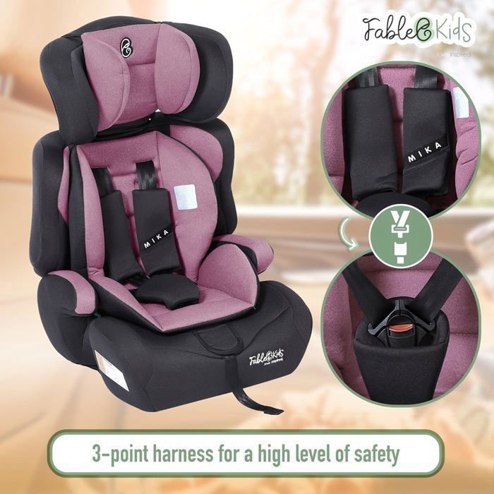 Seggiolino auto per bambini FableKids | Cintura di sicurezza a 3 punti | Seggiolino auto per bambini da 76 a 150 cm | Rosa