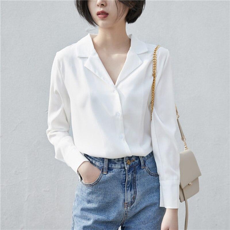 Chemises blanches à col cranté pour femmes, style coréen printemps-automne, manches longues, en mousseline, coupe ample et décontractée, référence S437