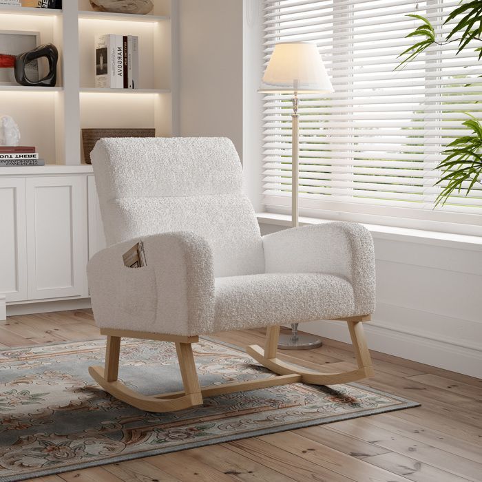 Fauteuil à Bascule - Rocking Chair - Blanc - Tissu en Sherpa - Pieds en Bois Massif - Style Scandinave