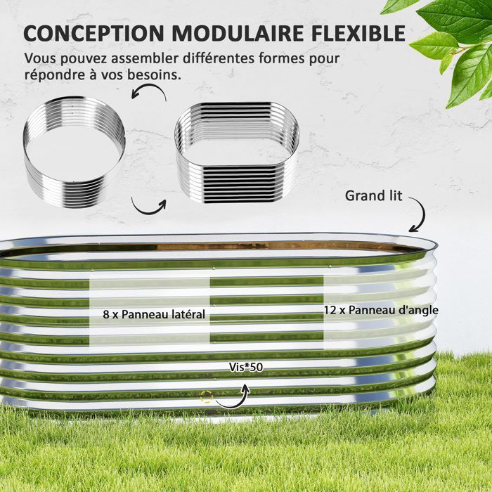 Carré potager de jardin - Outsunny - résistant à la rouille - en acier galvanisé - 160 x 80 x 56 cm - argent