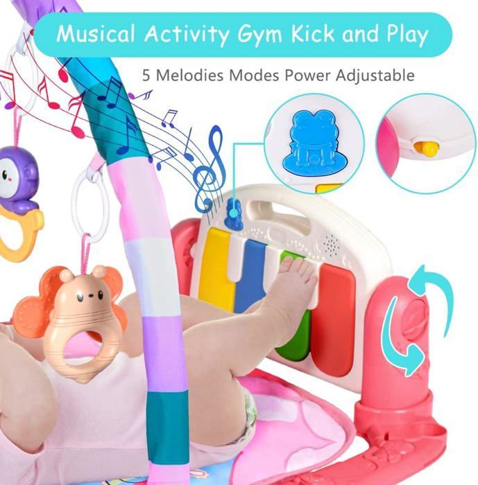 Alfombra de juegos para bebés, alfombra de actividades y juegos para recién nacidos con música y luces, arcos de juego y 5 juguetes extraíbles.