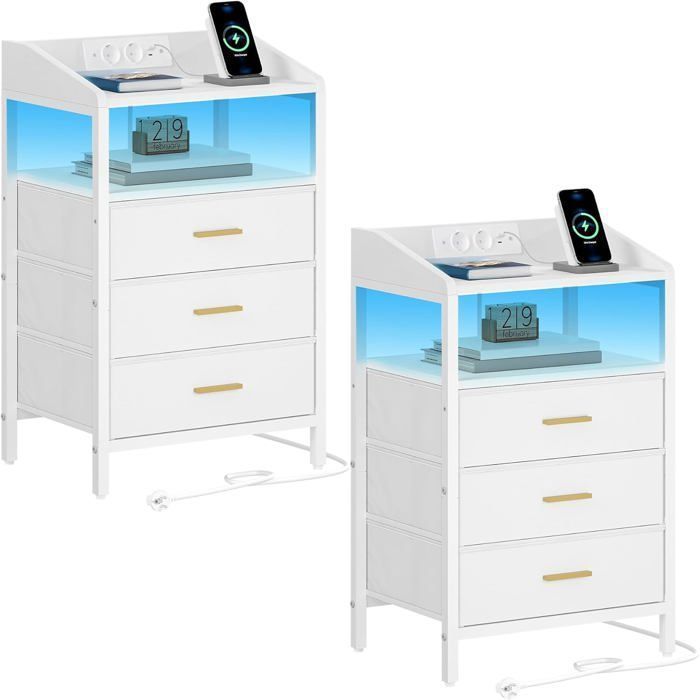 Juego de 2 mesitas de noche, mesas auxiliares modernas con puertos USB y tomas de corriente, mesitas de noche para el dormitorio.