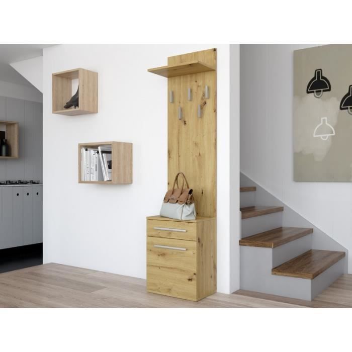 VIONI - Entryway coat rack - Wall-mounted coat rack with shelf - 5 hooks - Drawer + storage unit