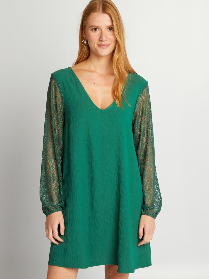 Vestido corto de crepé y encaje - VERDE