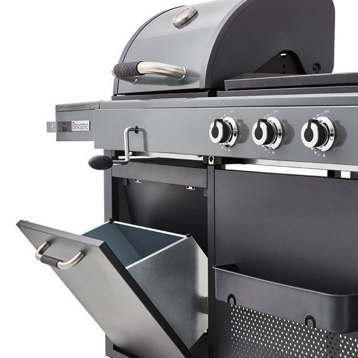 Barbecue Plancha Bi-Energy XL Gaz & Charbon – BRASERO BY FAVEX - 14 convives – 3 brûleurs 10,8 kW – Plancha fonte 60 x 42 cm – Houss