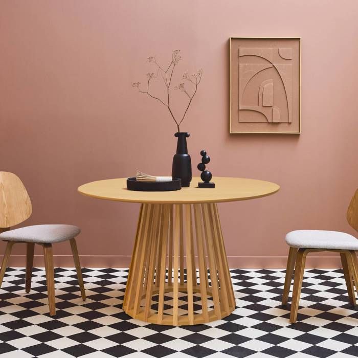 Mesa de comedor con efecto madera de roble y patas de madera de abeto, capacidad para 4 personas, Ø120cm