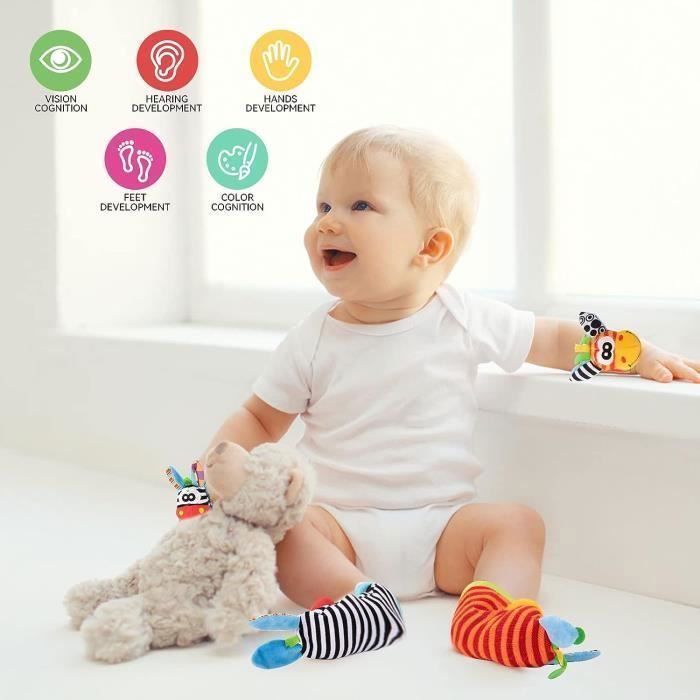Chocalho para Bebê, Chocalho de Pulso e Meia, Brinquedo Montessori para Desenvolvimento Infantil - Design de Animal Fofo, Presente Ideal - 0 a 12 Meses