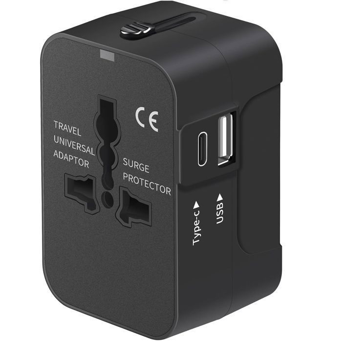 Universal global travel adapter wall charger with USB-C and USB charging ports for USA, EU, UK, and Australia