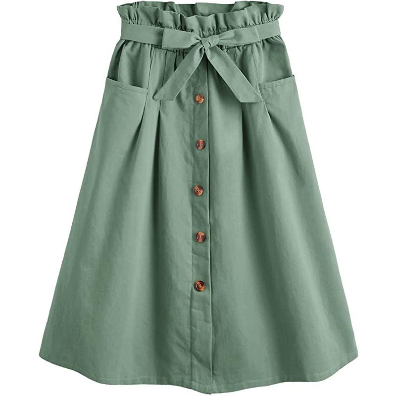 Gonna midi casual da donna a vita alta, plissettata, a trapezio, con tasca
