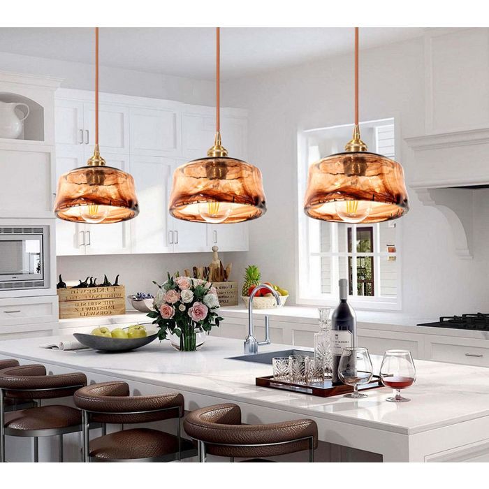 iDEGU 3pcs Lustre Vintage,18cm Lampe Suspension Industriel Abat-jour en Verre Ambre E27 Luminaire Plafonnier Style Edison pour