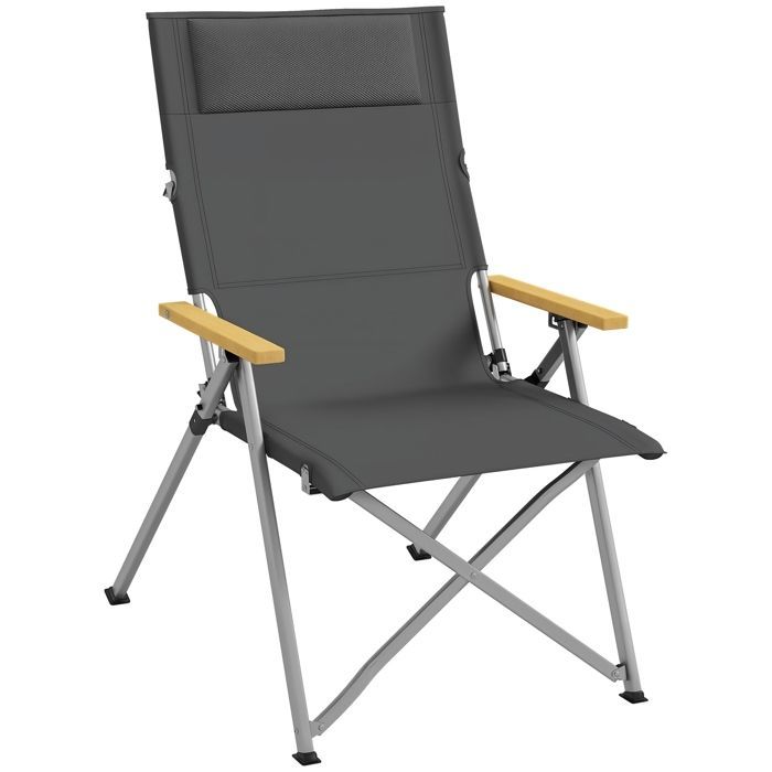 Campingstol - Outsunny - foldbar og bærbar - justerbar ryglæn, polstret nakkestøtte, lomme - 74 x 59,5 x 98 cm - mørkegrå
