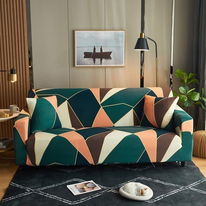 Housse de Canapé Extensible - Vert - 3 Places - Motifs Géométriques - Antidérapant