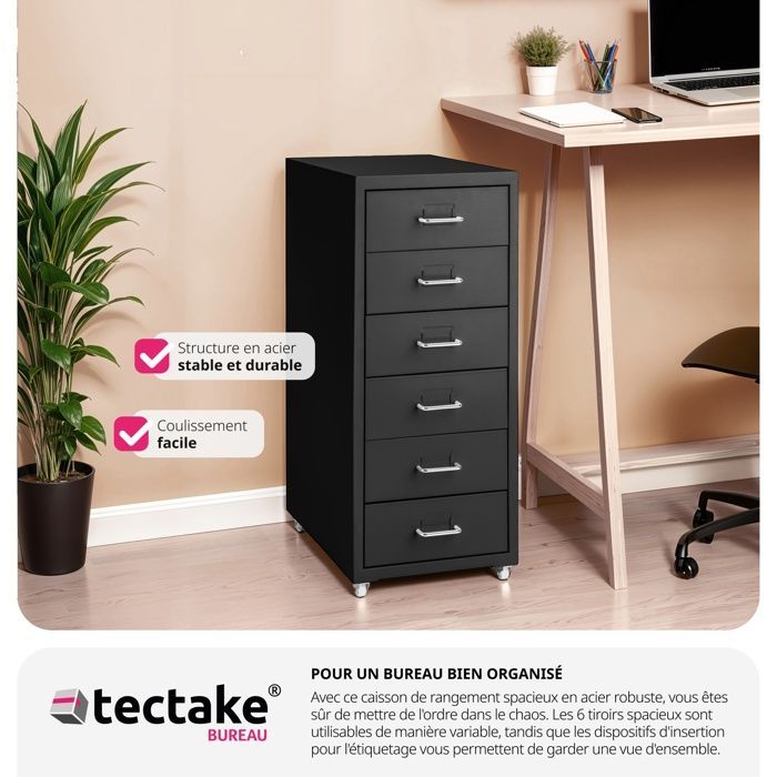 Office pedestal - TECTAKE - Rolling cart with 6 steel drawers and label inserts 41 x 28 x 69 cm - Black