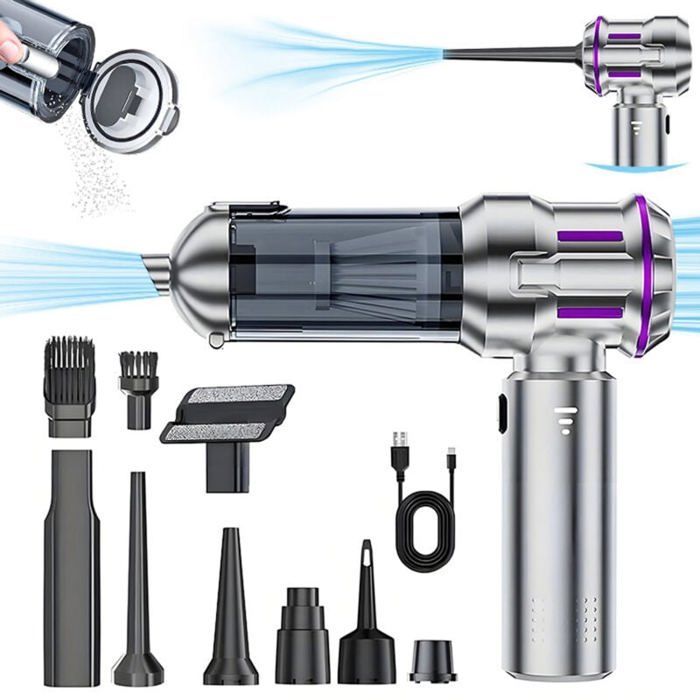 Aspirateur de voiture 3-en-1 puissant 25000 Pa, mini sans fil avec moteur sans balais, 3 niveaux réglables. Performance optimale.