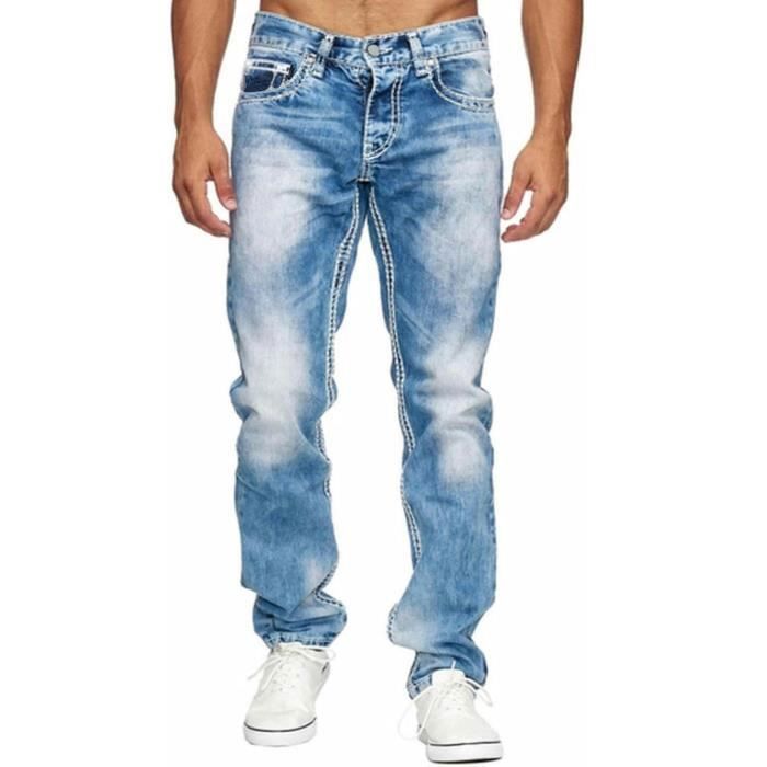 Jeans da uomo a gamba dritta elasticizzata - INSFITY - Effetto slavato - Azzurro chiaro
