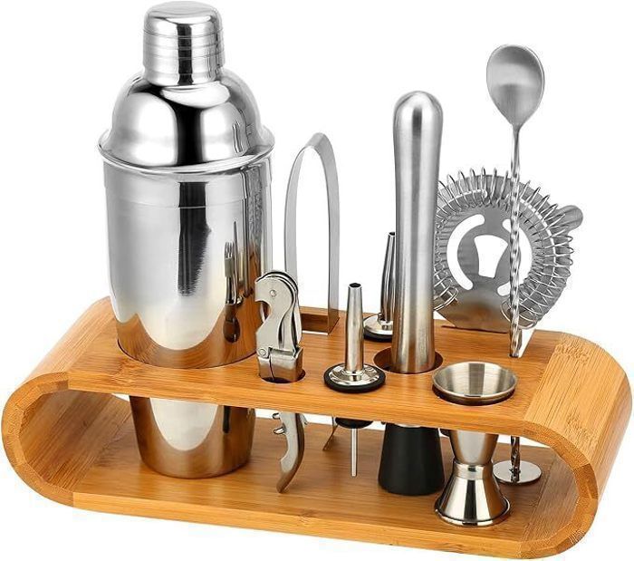 Shaker à cocktail - Lot de 10 - Acier inoxydable - 750ML - Support en bois
