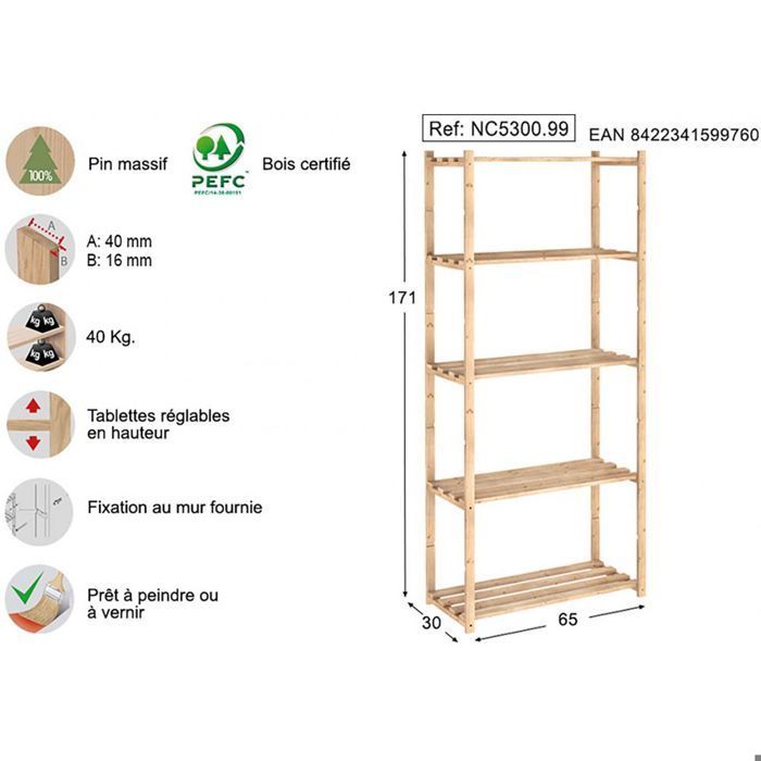 Astigarraga Etagère 5 tablettes à lattes 171x65x30cm - nc-5-30