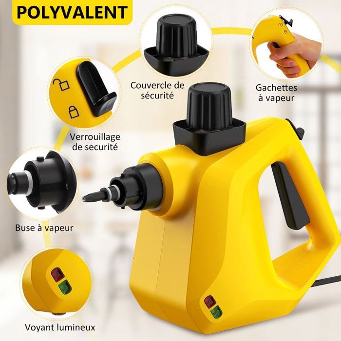 Limpiador a vapor portátil - 1050 W, 250 ml, cable de 2 m, alta presión de 3,0 bar - Vaporizador portátil con 11 accesorios