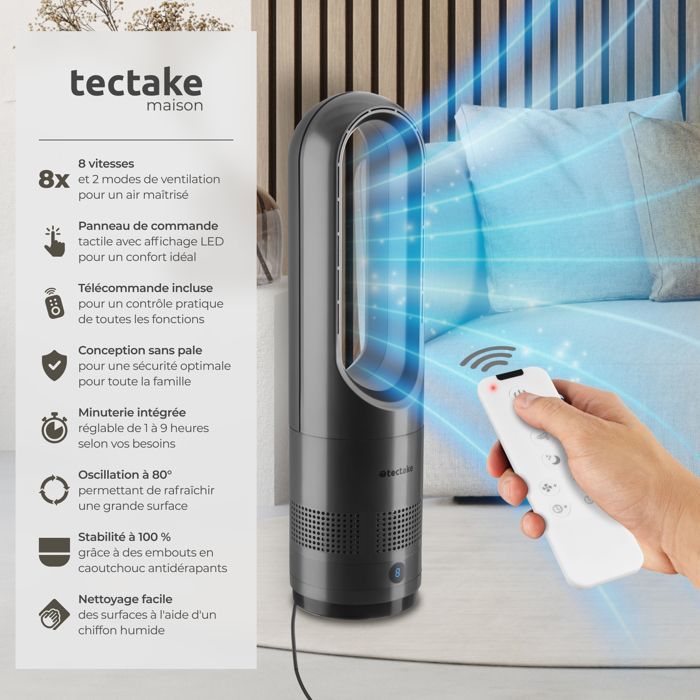 Ventilador - TECTAKE - Ventilador de torre POLAR con oscilación de 80°, 8 velocidades, 20 W - Gris antracita