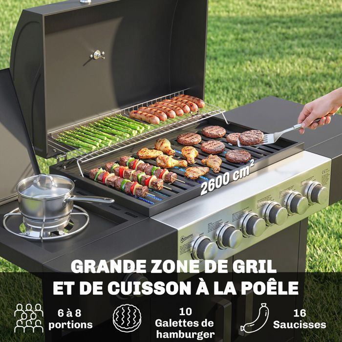 Barbecue a gas - Outsunny - 6+1 bruciatori, termometro integrato - carrello portatile con ruote - metallo - nero