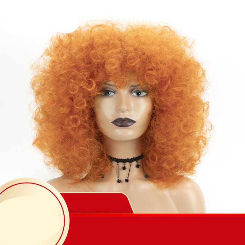 Parrucca sintetica arancione, parrucca afro riccia grande per donna, parrucche con capelli corti e frangia, cosplay, Halloween, feste quotidiane, esplosive