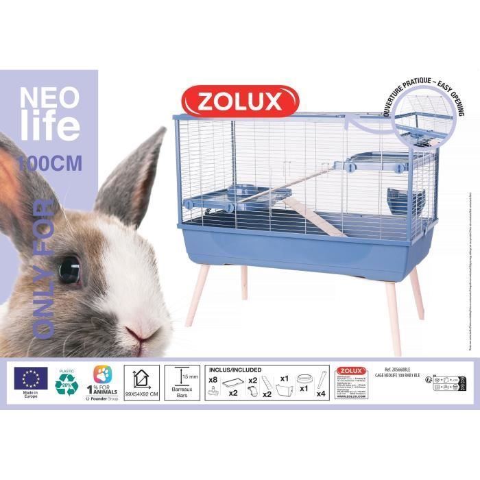 ZOLUX Drahtkäfig für Kaninchen und Nagetiere auf Beinen, 2 Ebenen – L 99 x B 54 x H 92 cm – NeoLife – Zolux Blau