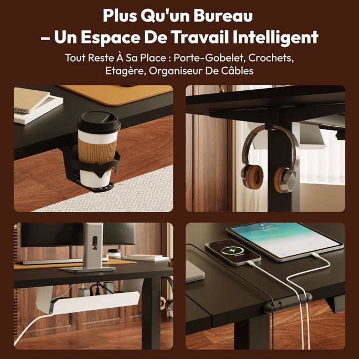 SANODESK Bureau Assis Debout, Plateau Complet110x54cm, Système Anti-Collision, Fonctions Mémoires, Crochet/Porte-gobelet, Noir