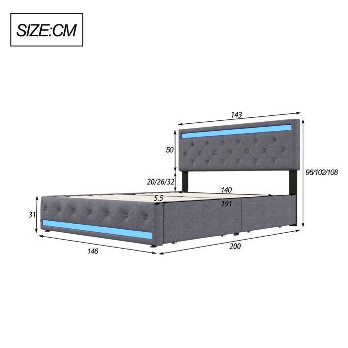 Cama de 140x190 cm - LED - USB - Tela de lino - Estructura de cama doble de 140x190 cm - Gris oscuro