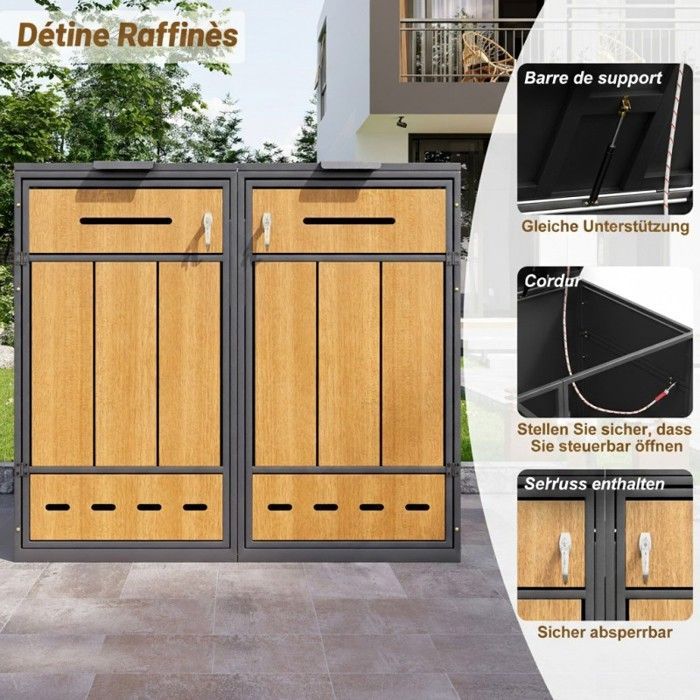 Caja doble para contenedores de basura de exterior LANGTU - Doble 120-240L - Acero con efecto madera gris - Tapas abatibles con cerradura - Ventilada