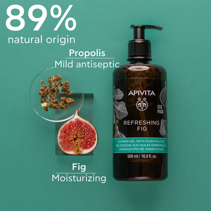 Gel de Banho Refrescante de Figo Apivita: gel de banho refrescante com óleos essenciais.