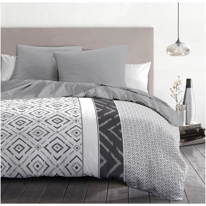 Parure de couette microfibre ETHNO - 1 housse de couette 240 x 260 cm + 2 taies d'oreiller 63 x 63 cm - Gris