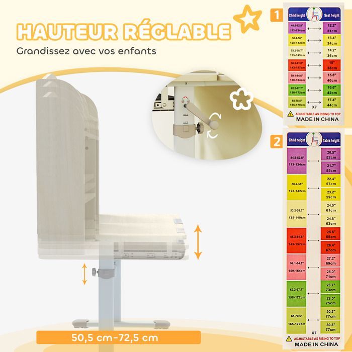 Bureau pour enfants - AIYAPLAY - réglable en hauteur, plateau inclinable, tiroir, étagère - PP - 80x51x108,5-130,5cm - naturel