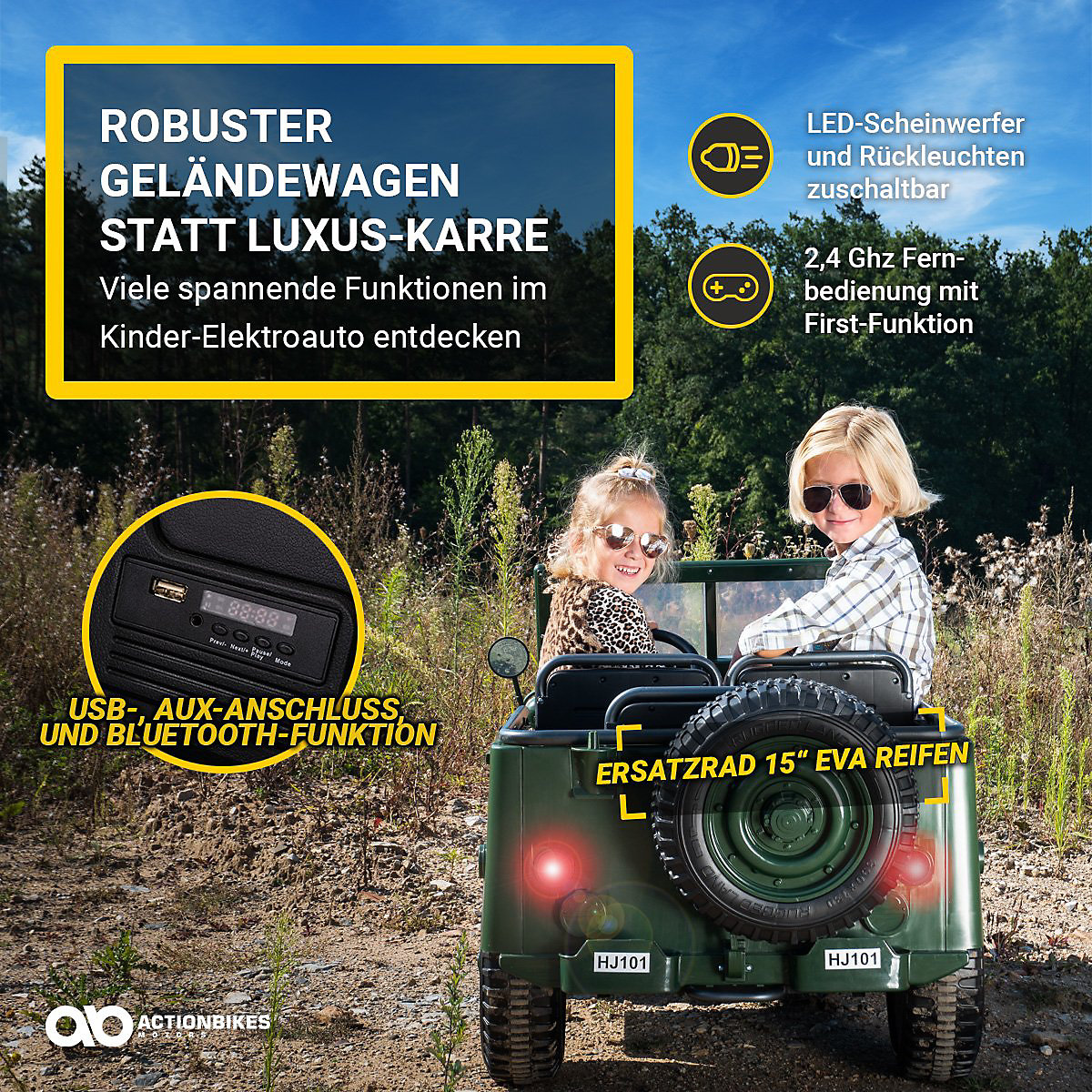 Kids' electric Jeep Willys car - 4x45 watts - children's car with remote control - green sound module