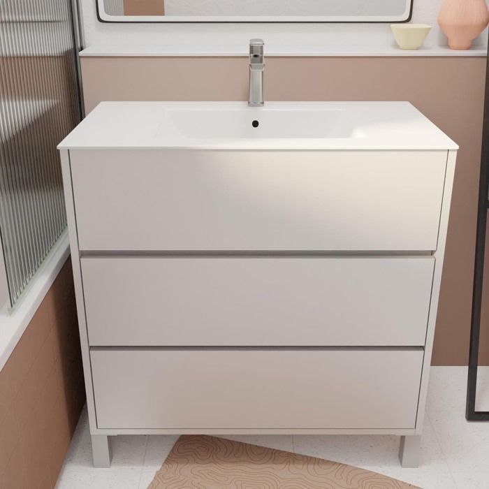 Mueble de baño XENOS de 80 cm, lacado en blanco, con 3 cajones y lavabo de cerámica.