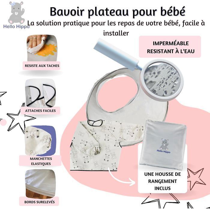Hello Hippo® Kit 2 bavoirs et plateau de diversification imperméables gris à motif pour chaise haute bébé - Bavoirs + plateau