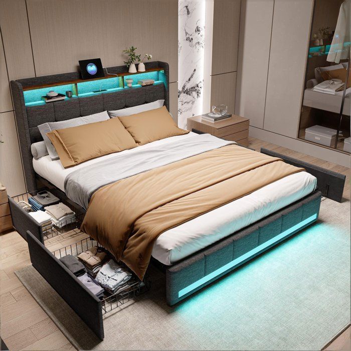 Bed van 140x190 cm met ledverlichting en 4 lades, volwassenenbed met USB-oplaadpunt, tweepersoonsbed, 2-persoonsbed, lattenbodem, beddengoed, grijs