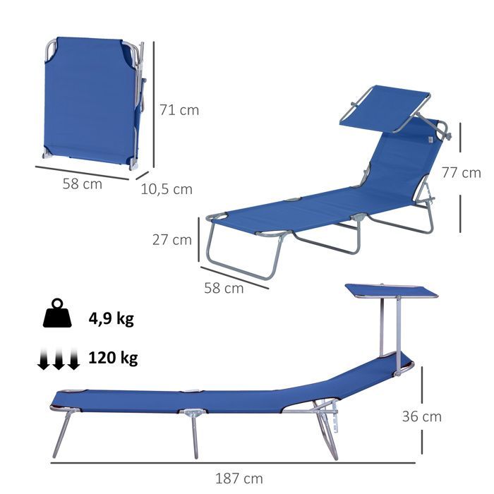 Lettino prendisole - Outsunny - pieghevole, schienale reclinabile, parasole regolabile in più posizioni - metallo - 187x58x36cm - blu
